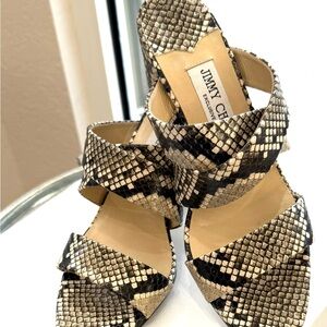 Jimmy Choo Black and Cream Snake Print Sandals
